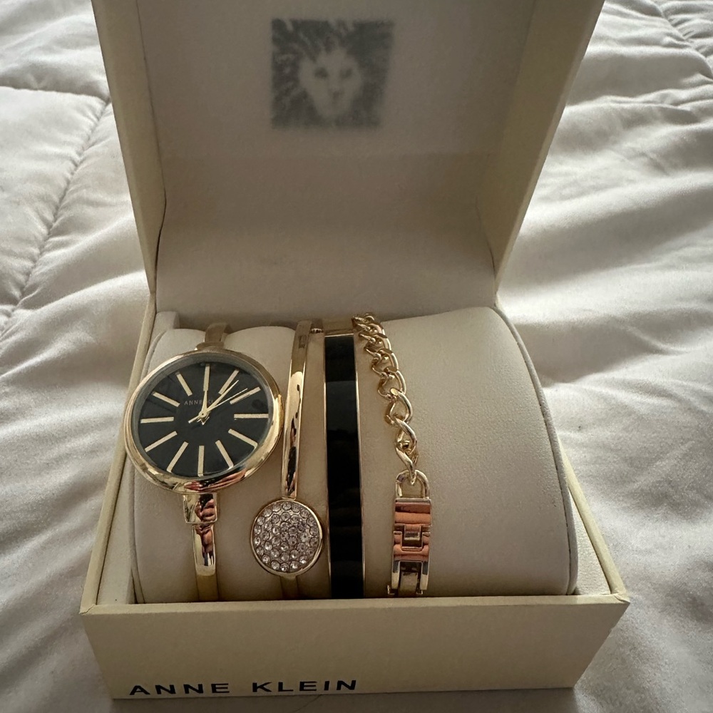 Anne Klein Gold and Black Watch with Bracelet Set